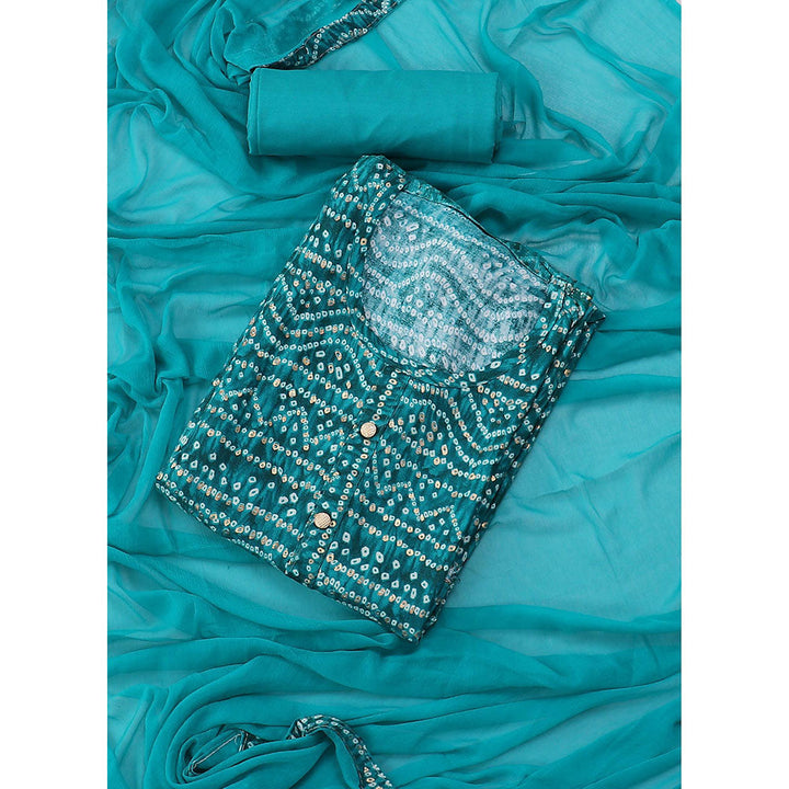 SALWAR STUDIO Teal Green Printed Bandhani Block Print Viscose Rayon Unstitched Dress (Set of 3)