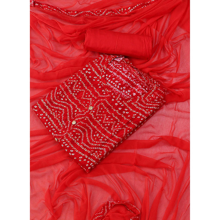 SALWAR STUDIO Red Printed Bandhani Block Print Viscose Rayon Unstitched Dress (Set of 3)