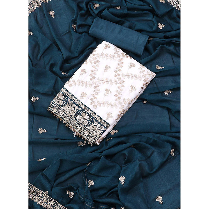 SALWAR STUDIO White and Teal Green Embroidered Floral Silk Georgette Unstitched Dress (Set of 3)