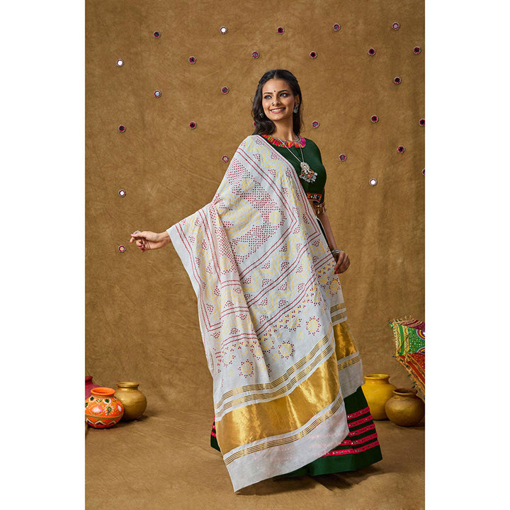 SALWAR STUDIO White Silk Bandhej Printed Garba Special Dupatta