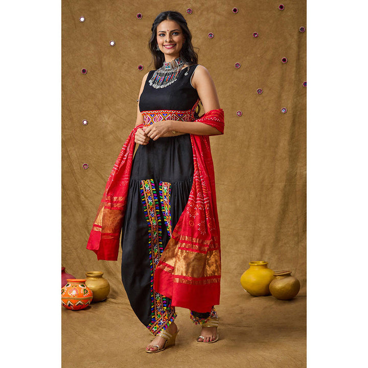 SALWAR STUDIO Red Silk Bandhej Printed Garba Special Dupatta