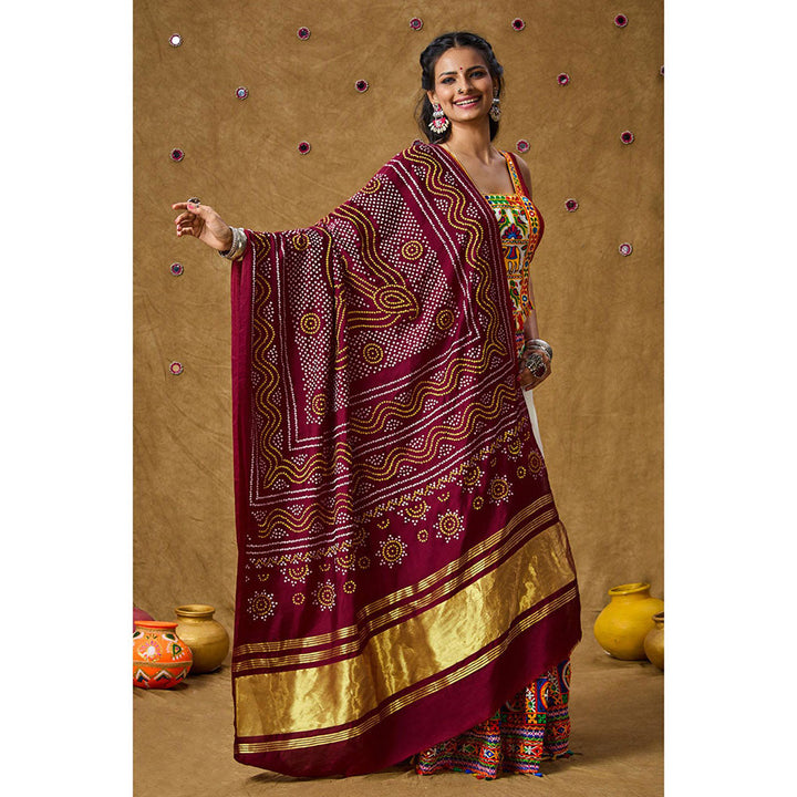 SALWAR STUDIO Maroon Silk Bandhej Printed Garba Special Dupatta