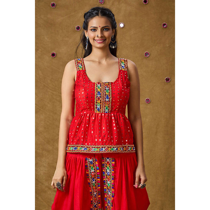 SALWAR STUDIO Red Mirror Work Readymade Padded Peplum Blouse