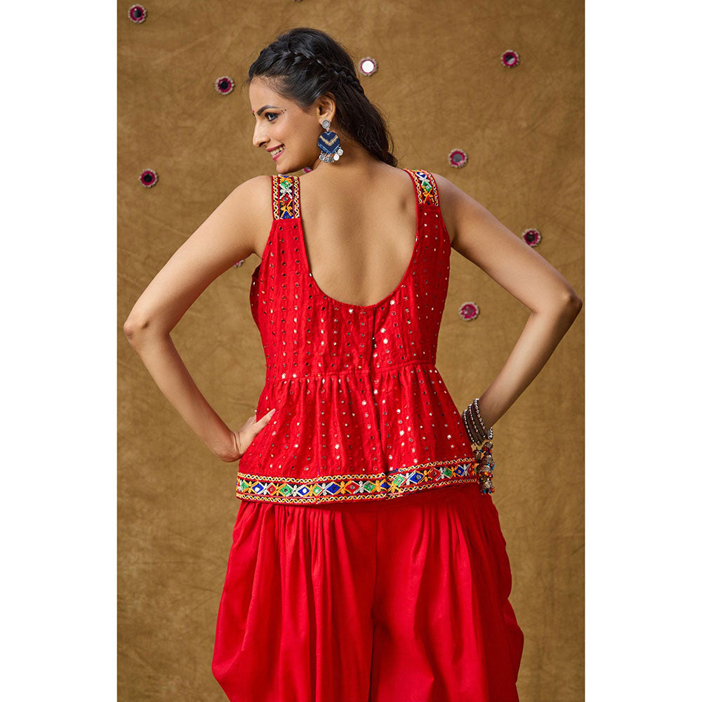 SALWAR STUDIO Red Mirror Work Readymade Padded Peplum Blouse