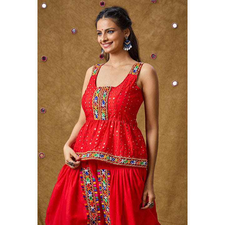 SALWAR STUDIO Red Mirror Work Readymade Padded Peplum Blouse