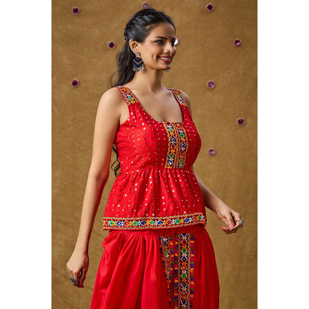 SALWAR STUDIO Red Mirror Work Readymade Padded Peplum Blouse