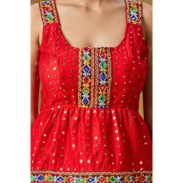 SALWAR STUDIO Red Mirror Work Readymade Padded Peplum Blouse