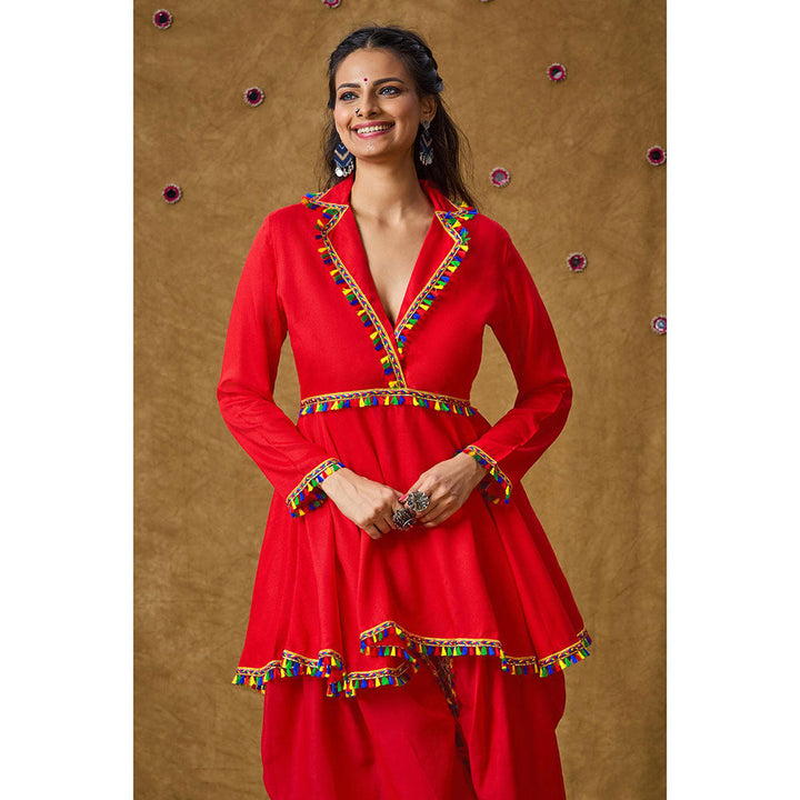 SALWAR STUDIO Red Tassel Readymade Padded Peplum Blouse