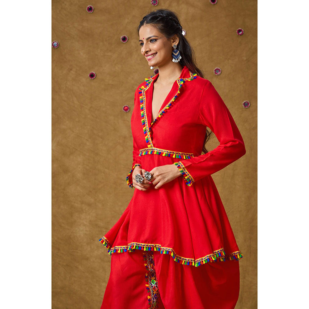 SALWAR STUDIO Red Tassel Readymade Padded Peplum Blouse