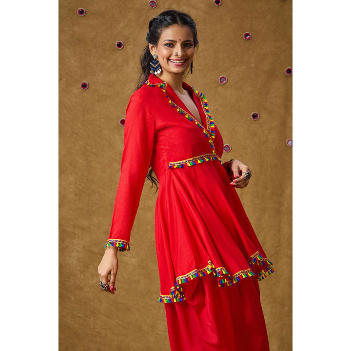 SALWAR STUDIO Red Tassel Readymade Padded Peplum Blouse