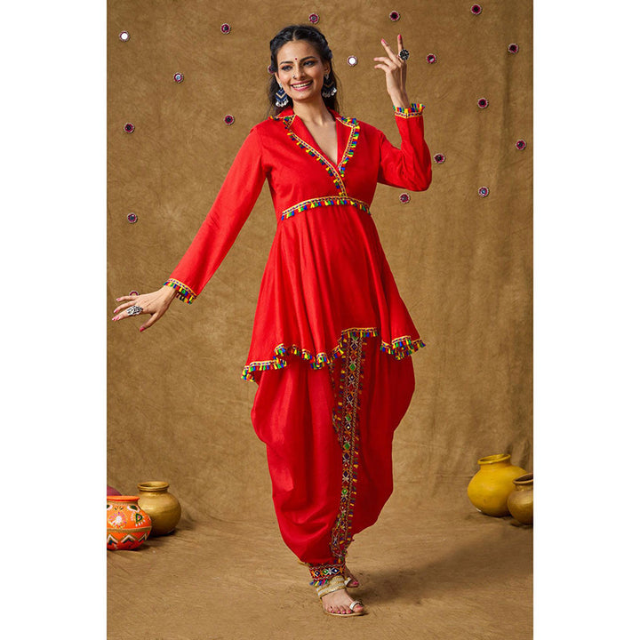 SALWAR STUDIO Red Tassel Readymade Padded Peplum Blouse