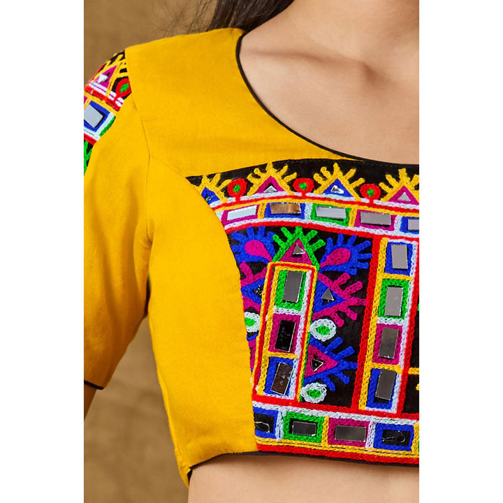 SALWAR STUDIO Yellow Mirror Work Readymade Padded Blouse