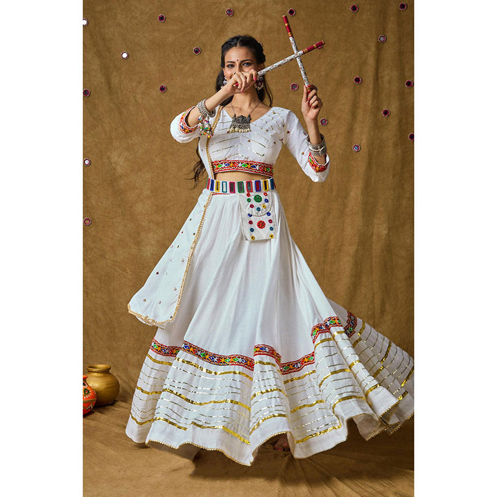 SALWAR STUDIO White Mirror Work Readymade Padded Choli with Lehenga and Dupatta (Set of 3)