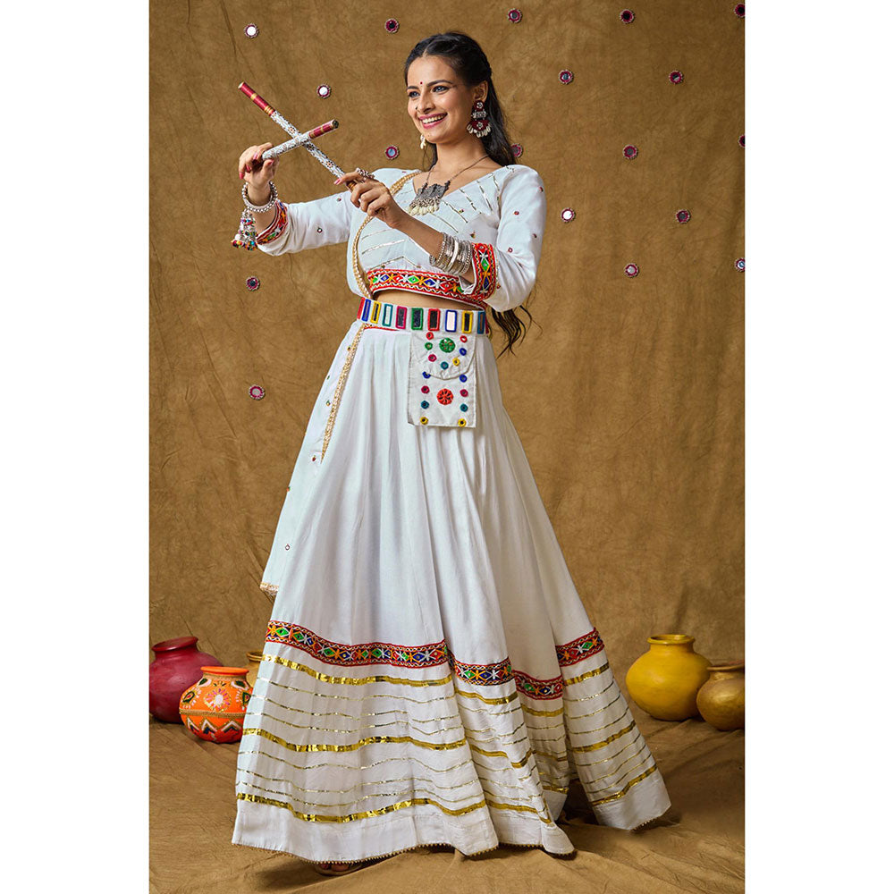 SALWAR STUDIO White Mirror Work Readymade Padded Choli with Lehenga and Dupatta (Set of 3)