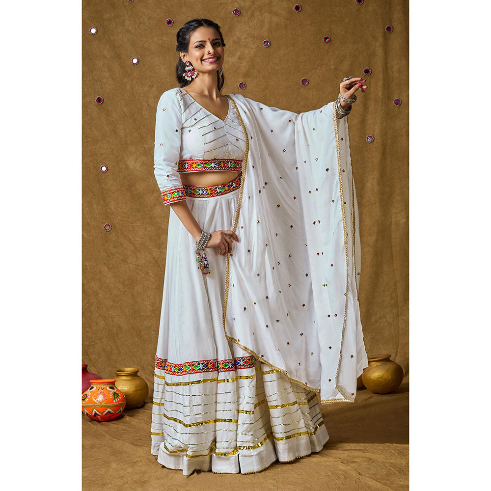 SALWAR STUDIO White Mirror Work Readymade Padded Choli with Lehenga and Dupatta (Set of 3)