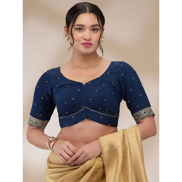 SALWAR STUDIO Womens Mulberry Silk Embroidered Stitched Blouse- Navy Blue