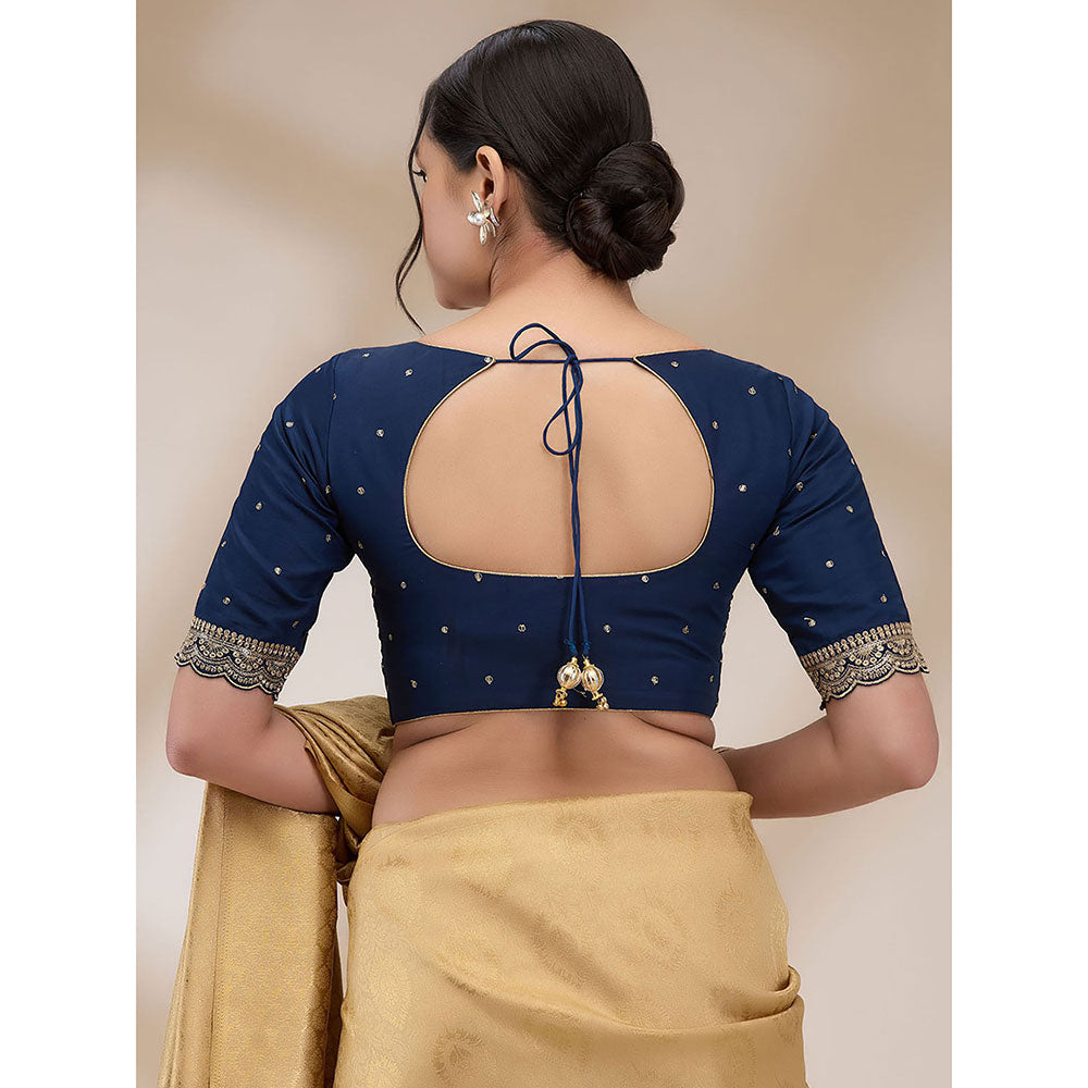 SALWAR STUDIO Womens Mulberry Silk Embroidered Stitched Blouse- Navy Blue