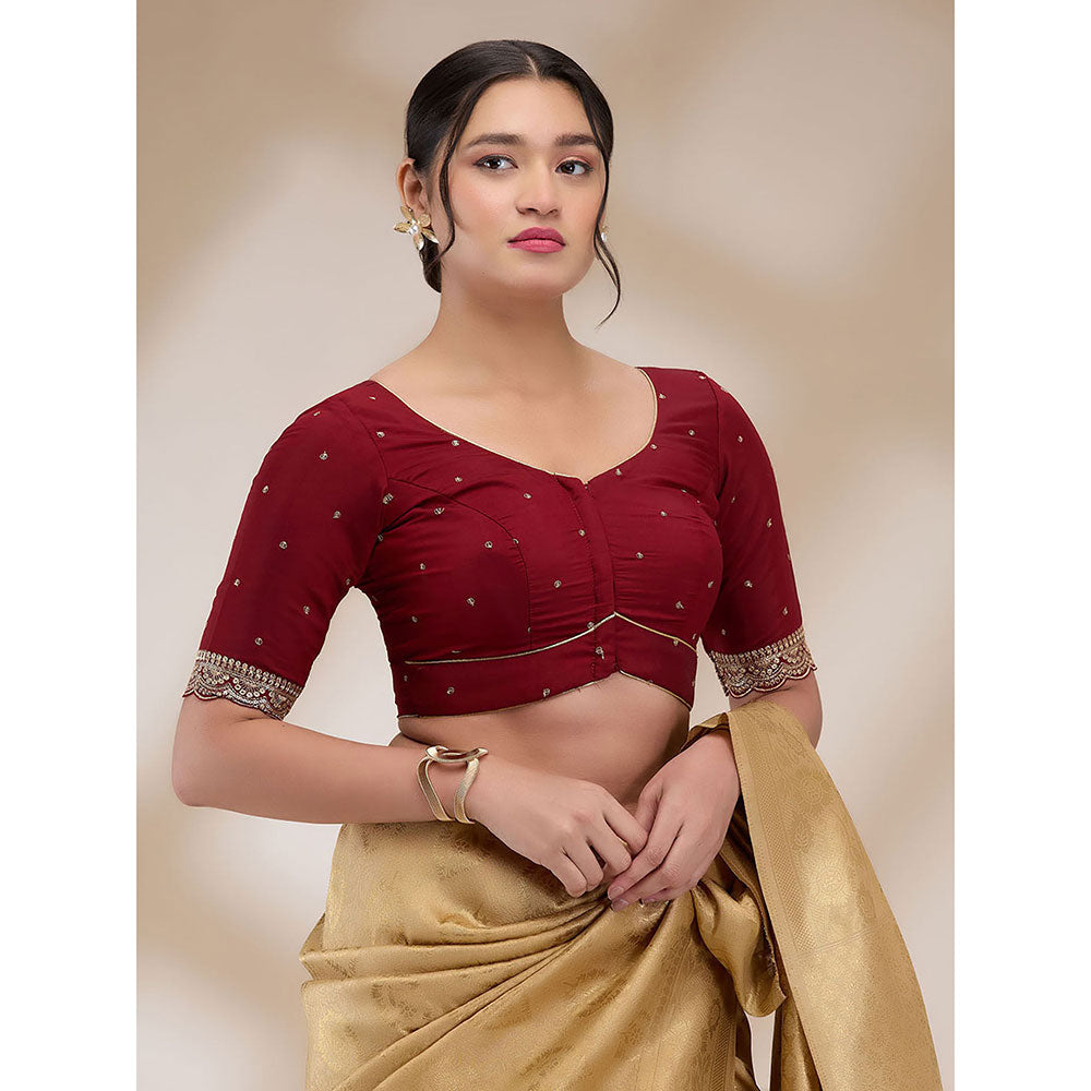 SALWAR STUDIO Womens Mulberry Silk Embroidered Stitched Blouse- Maroon