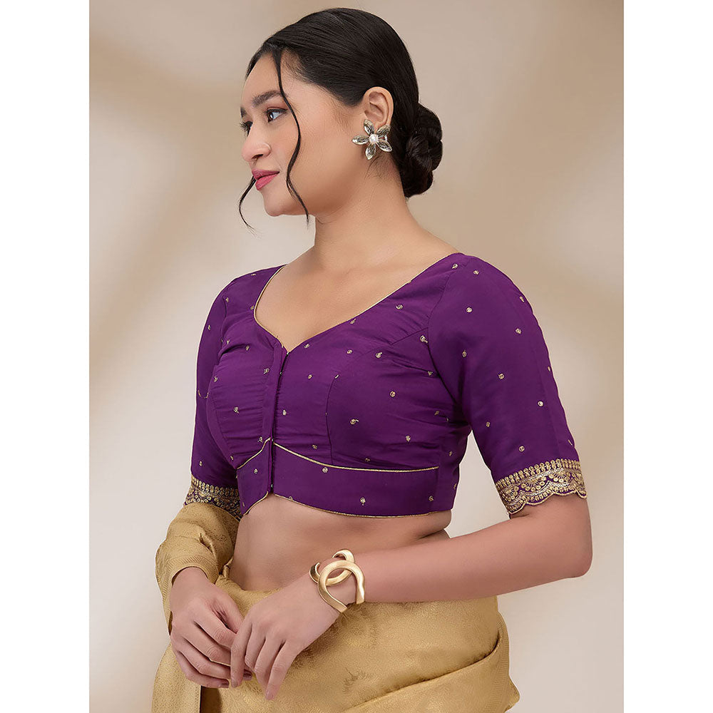 SALWAR STUDIO Womens Mulberry Silk Embroidered Stitched Blouse- Purple