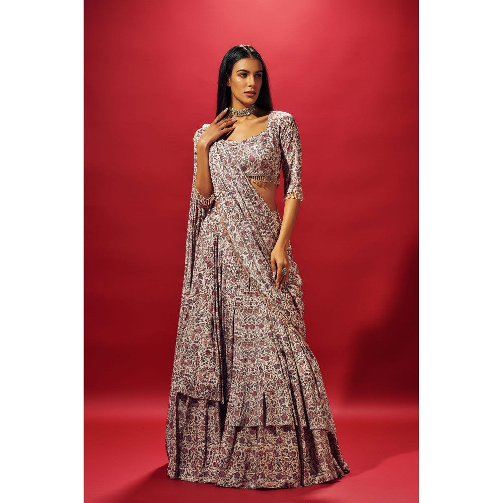 SAMMOHI BY MOKSHA & HIRAL Beige Floral Layered Saree with Stitched Blouse