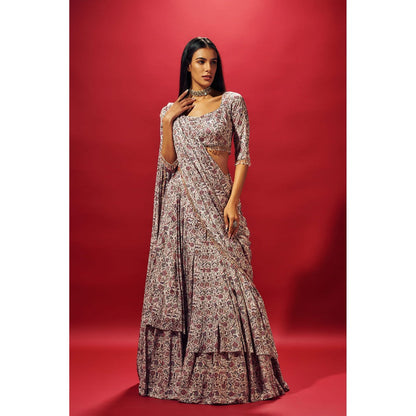 SAMMOHI BY MOKSHA & HIRAL Beige Floral Layered Saree with Stitched Blouse