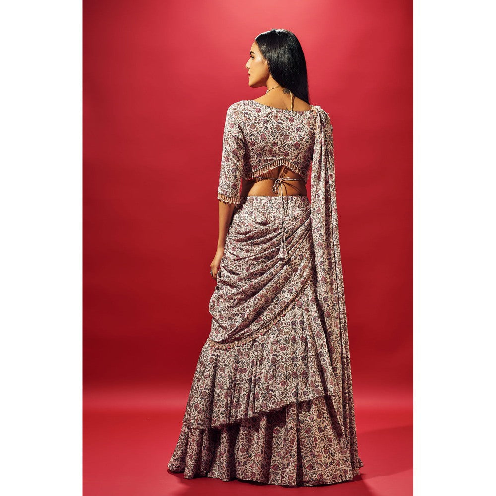 SAMMOHI BY MOKSHA & HIRAL Beige Floral Layered Saree with Stitched Blouse