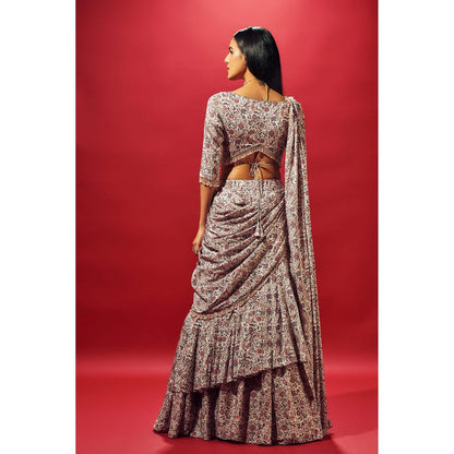 SAMMOHI BY MOKSHA & HIRAL Beige Floral Layered Saree with Stitched Blouse