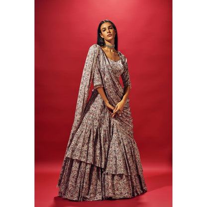 SAMMOHI BY MOKSHA & HIRAL Beige Floral Layered Saree with Stitched Blouse