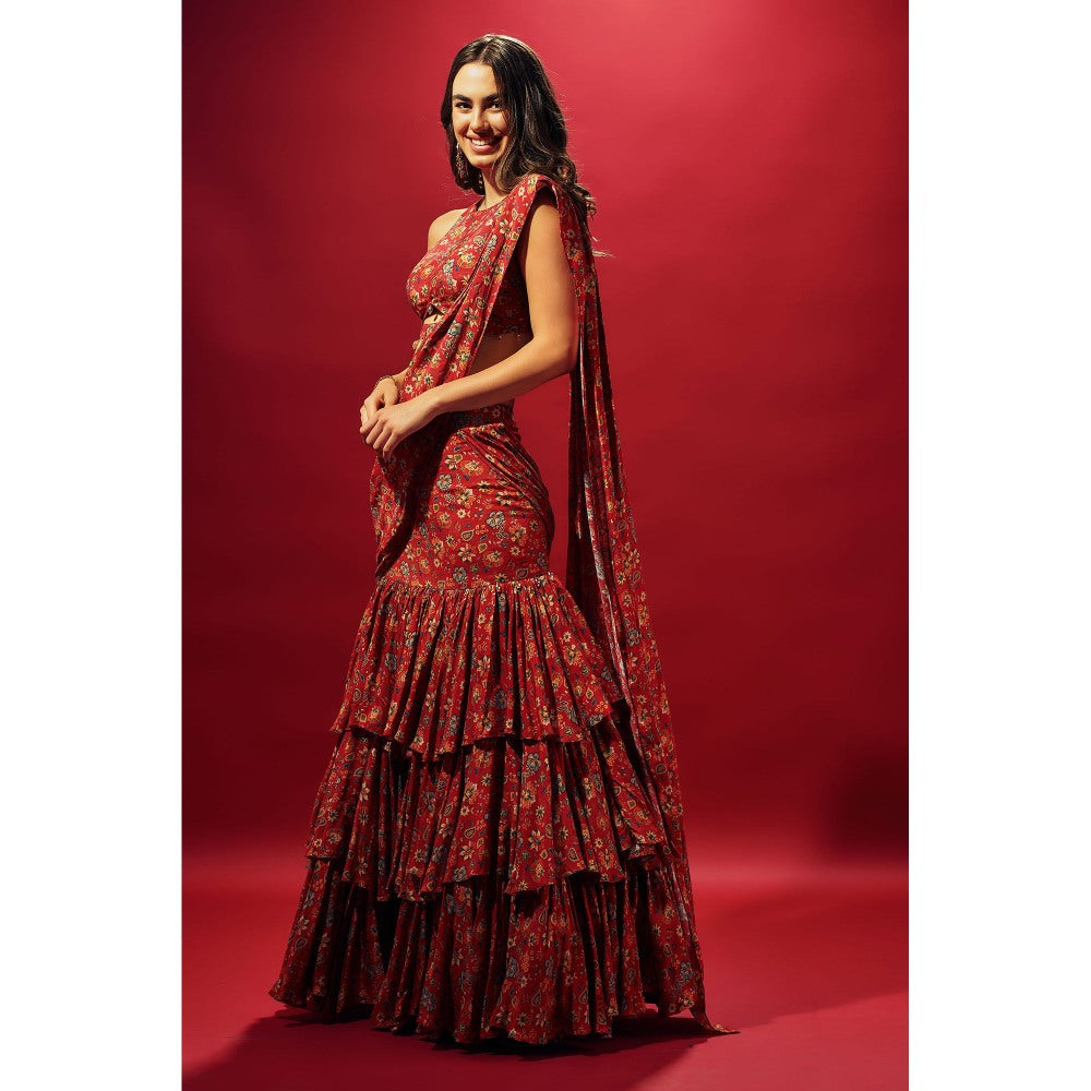 SAMMOHI BY MOKSHA & HIRAL Red Floral Chintz Layered Saree with Stitched Blouse