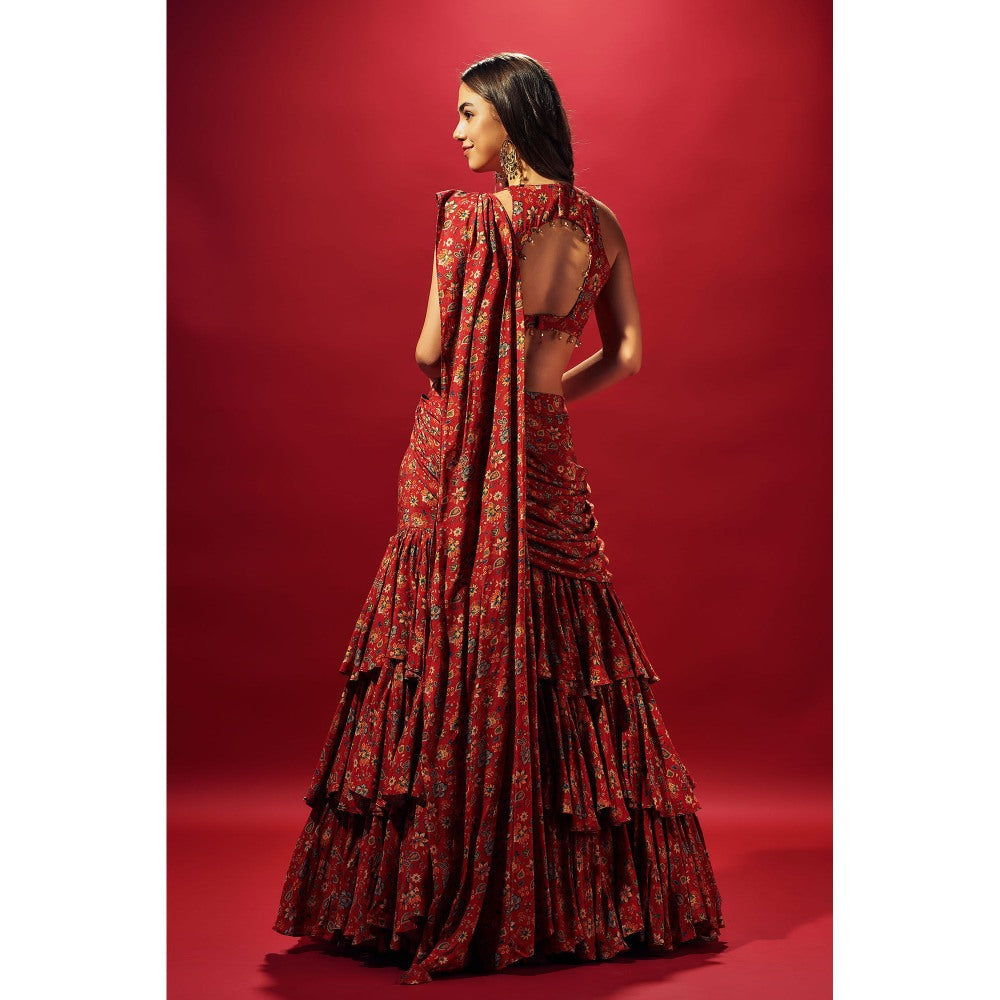 SAMMOHI BY MOKSHA & HIRAL Red Floral Chintz Layered Saree with Stitched Blouse