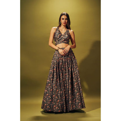 SAMMOHI BY MOKSHA & HIRAL Olive Green Floral Lehenga With Blouse (Set of 2)
