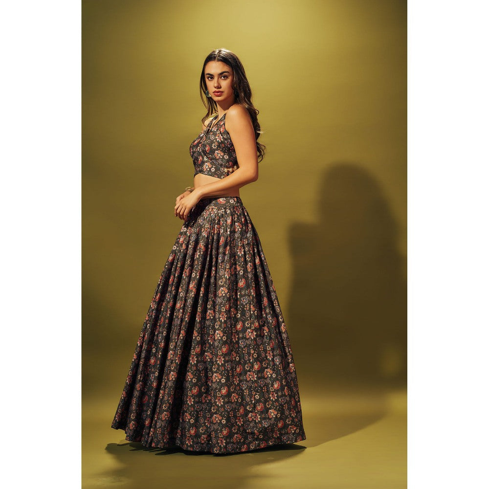SAMMOHI BY MOKSHA & HIRAL Olive Green Floral Lehenga With Blouse (Set of 2)