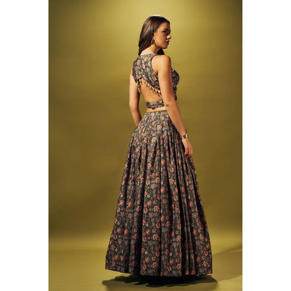 SAMMOHI BY MOKSHA & HIRAL Olive Green Floral Lehenga With Blouse (Set of 2)