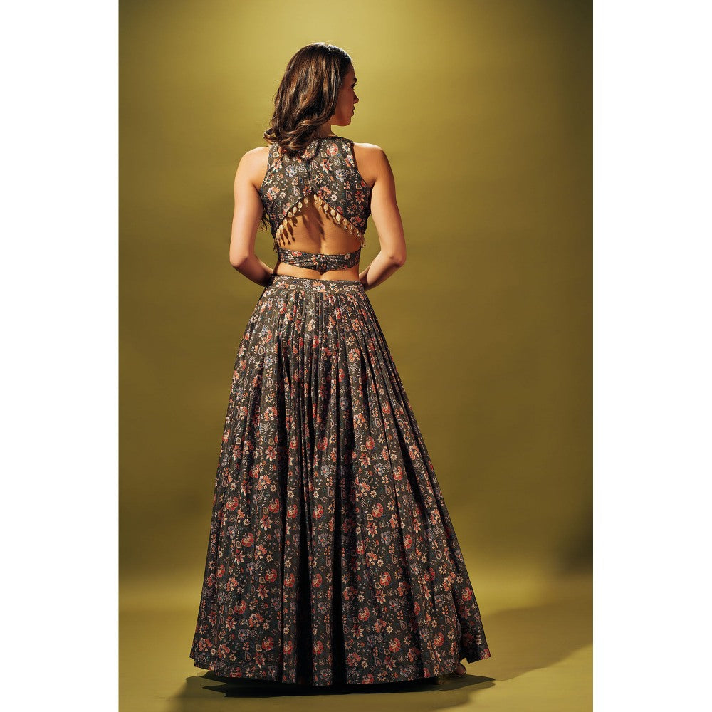 SAMMOHI BY MOKSHA & HIRAL Olive Green Floral Lehenga With Blouse (Set of 2)