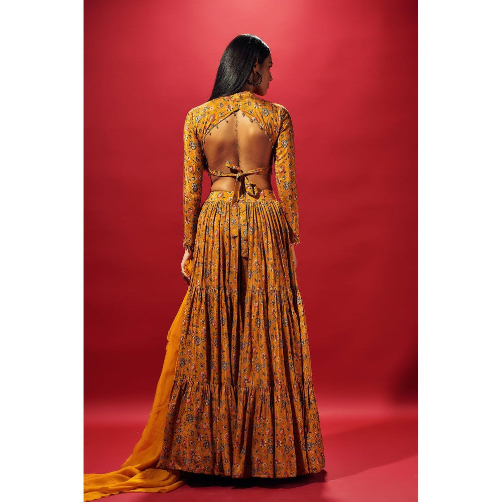 SAMMOHI BY MOKSHA & HIRAL Mustard Layered Lehenga With Blouse And Dupatta (Set of 3)