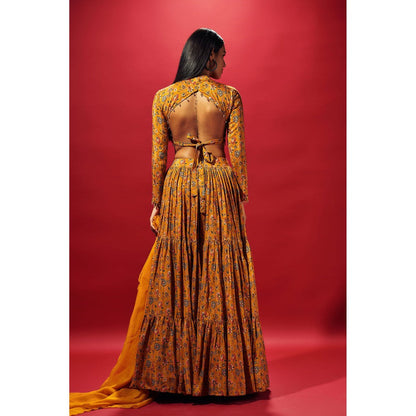 SAMMOHI BY MOKSHA & HIRAL Mustard Layered Lehenga With Blouse And Dupatta (Set of 3)