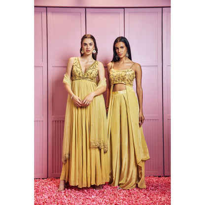 SAMMOHI BY MOKSHA & HIRAL Lemon Yellow Embellished Indowestern Co-Ord (Set of 2)