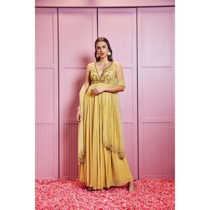 SAMMOHI BY MOKSHA & HIRAL Yellow Hand Embellished Anarkali With Dupatta (Set of 2)