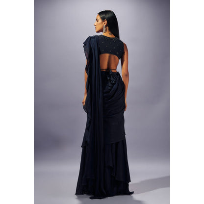 SAMMOHI BY MOKSHA & HIRAL Navy Blue Hand Embellished Pre Draped Saree with Stitched Blouse