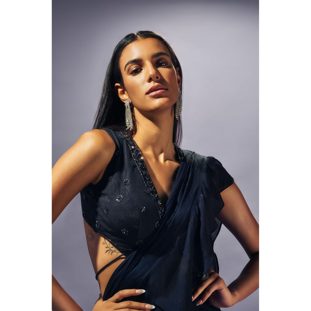 SAMMOHI BY MOKSHA & HIRAL Navy Blue Hand Embellished Pre Draped Saree with Stitched Blouse