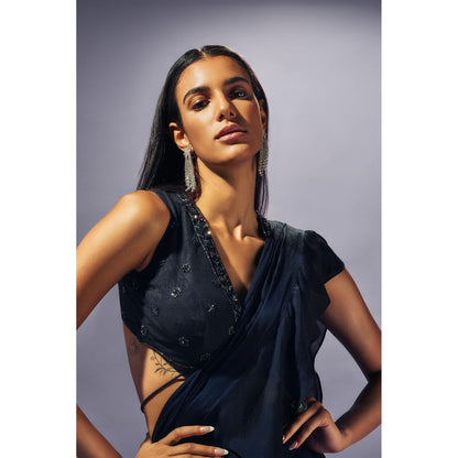 SAMMOHI BY MOKSHA & HIRAL Navy Blue Hand Embellished Pre Draped Saree with Stitched Blouse