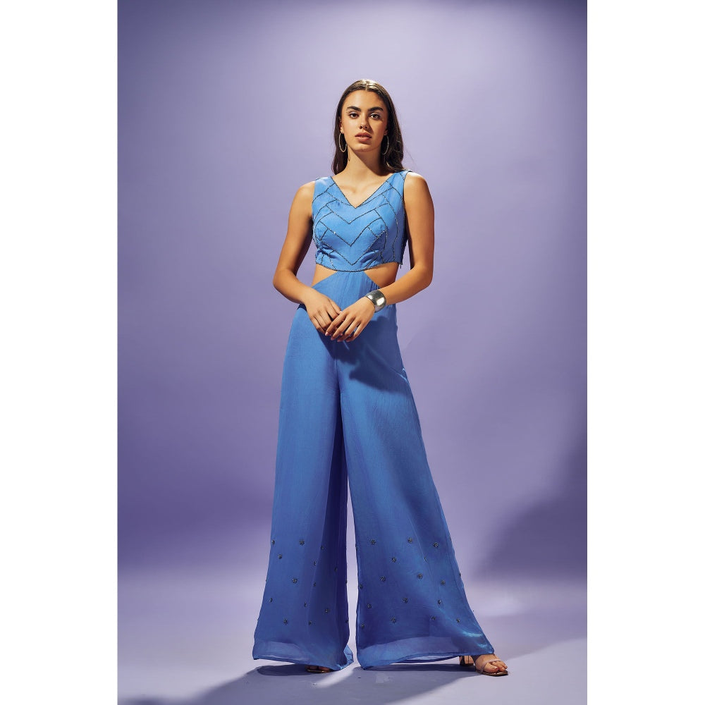 SAMMOHI BY MOKSHA & HIRAL Blue Hand Embroidered Jumpsuit In Silk Organza