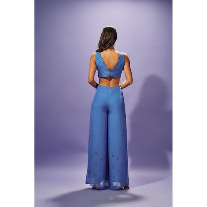 SAMMOHI BY MOKSHA & HIRAL Blue Hand Embroidered Jumpsuit In Silk Organza