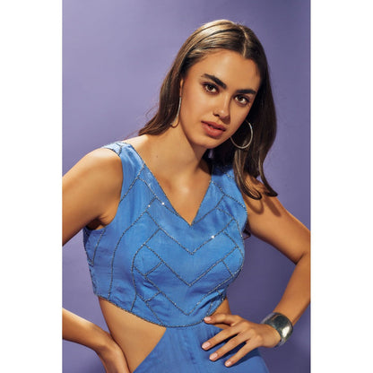 SAMMOHI BY MOKSHA & HIRAL Blue Hand Embroidered Jumpsuit In Silk Organza