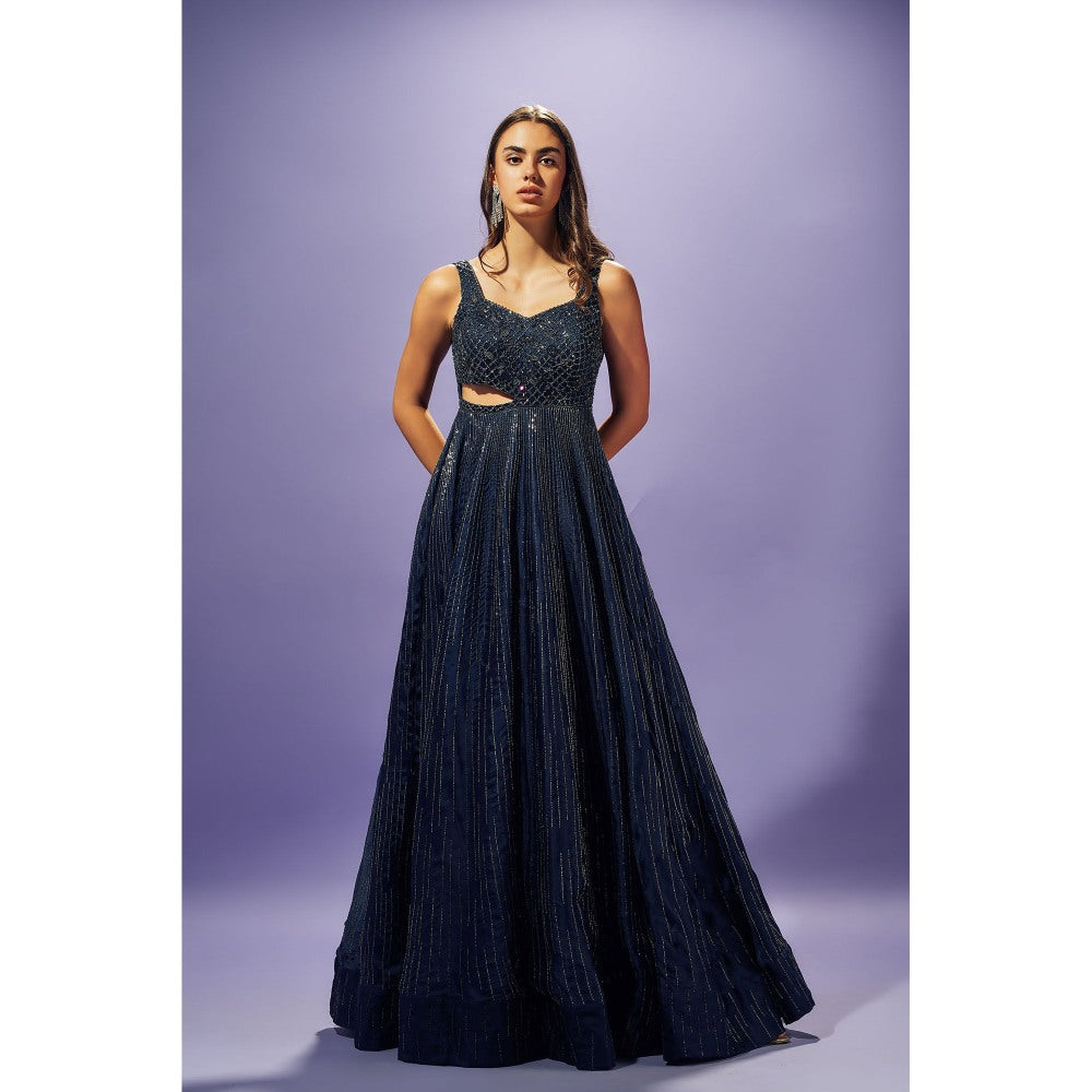 SAMMOHI BY MOKSHA & HIRAL Navy Blue Hand Embellished Gown In Silk Organza
