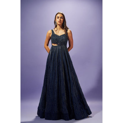 SAMMOHI BY MOKSHA & HIRAL Navy Blue Hand Embellished Gown In Silk Organza