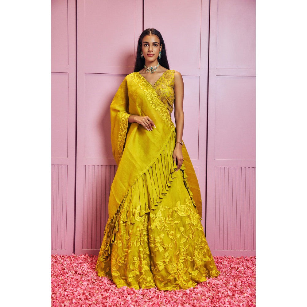 SAMMOHI BY MOKSHA & HIRAL Yellow Lehenga With Stitched Blouse And Dupatta (Set of 3)