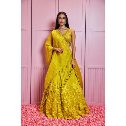 SAMMOHI BY MOKSHA & HIRAL Yellow Lehenga With Stitched Blouse And Dupatta (Set of 3)