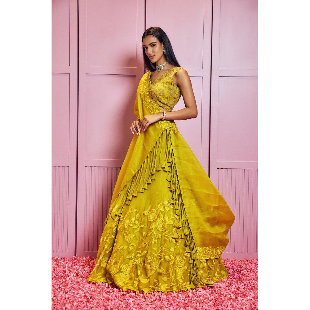 SAMMOHI BY MOKSHA & HIRAL Yellow Lehenga With Stitched Blouse And Dupatta (Set of 3)