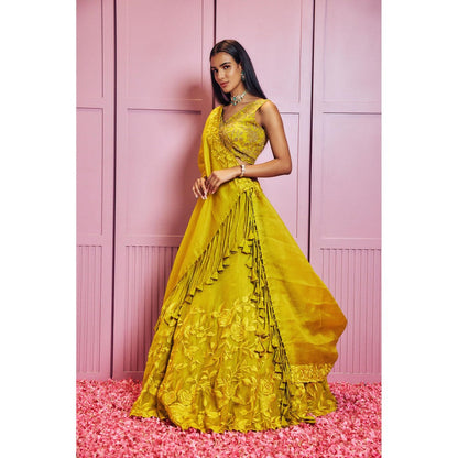 SAMMOHI BY MOKSHA & HIRAL Yellow Lehenga With Stitched Blouse And Dupatta (Set of 3)